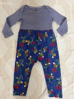 Tea Collection 12-18 Months Long Sleeve Legs Romper Snap Closures Floral Stripe